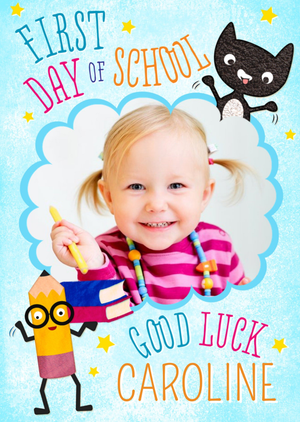 Moonpig Cat And Pencil Characters Personalised Photo Upload First Day Of School Card