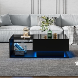 LED Coffee Table with Smart App-Controlled RGB Lighting, High Gloss Finish, Glass Top and Drawer, 100L x 50W x 32H cm, Black