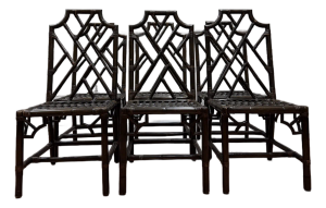 Vintage Set of 6 Chinese Chippendale Rattan Dining Chairs