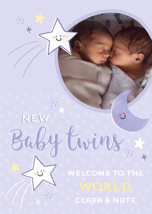 Moonpig Purple Stars And Moon Baby Twins Photo Upload Card