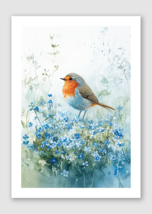 Robin Among Forget-Me-Nots - A4, Unframed