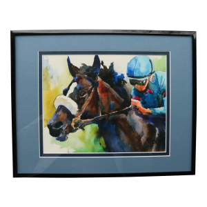 Outsider Folk Art Racing Horse and Jockey Portrait Watercolor by Ron Krajewski