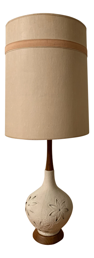 1960s Mid Century Teak and Ceramic Table Lamp Without Shade
