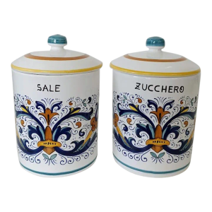 Italian Nova Deruta Ricco Hand-Painted Ceramic Lidded Canisters Storage Jars- Set of 2