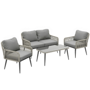 Outsunny Rattan Garden Furniture Set, 4 Piece Outdoor Patio Furniture with Tempered Glass Table and Chairs, Indoor Balcony Conservatory Set