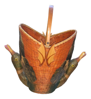 1980s Earth-Tone Double Headed Geese Basket With Handle