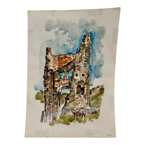 Henry Emil Salloch Original Watercolor on Paper Castle Ruins With Cow, 1966.