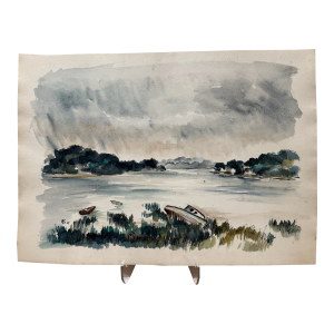Henry Emil Salloch Original Watercolor on Paper Small Moored Boats, 1947.