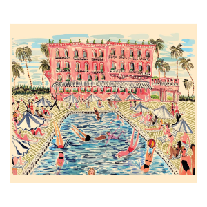 "Pink Villa Pool" Contemporary Original Whimsical Figurative Interior Scene Print by Pauline De Roussy De Sales