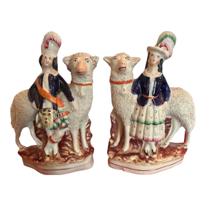 Pair of Antique Staffordshire Flatback Figurines, Pastoral Highland Nobles With Giant Sheep