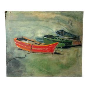 Wooden Boats at the Lake, Oil on Canvas Board, Mid-Century Original