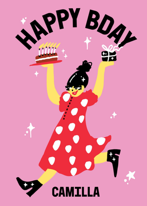 Moonpig Smiling Woman With Cake And Present Hand Drawn Birthday Card