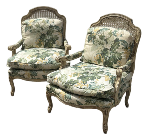 Vintage Cane Back Florals Chairs, a Pair