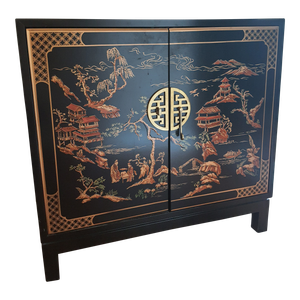 1980s Drexel Heritage Black Chinoiserie Style Sleek Cabinet