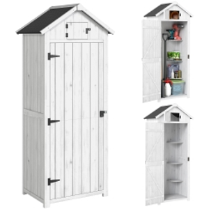 Outsunny Small Shed, Tall Slim Wooden Garden Shed with 3 Removable Shelves and Roof Hatch, Compact Outdoor Tool Storage Cabinet with Asphalt Roof and Door Latch, 77 x 54.2 x 179 cm, Light Grey
