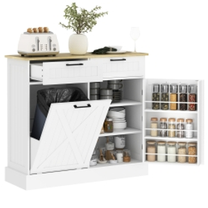HOMCOM Sideboard with Tilt-out Trash Bin, Farmhouse Kitchen Sideboard with 2 Drawers, Adjustable Shelves, Door Racks, White