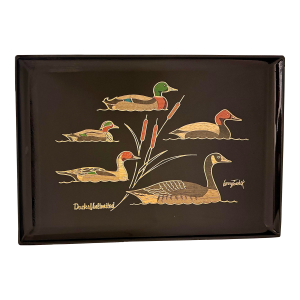 Rare Classic Vintage Mid-Century Modern Couroc of Monterey, Ca ‘Ducks Unlimited’ Tray Designed by Larry Toschik With 5 Varieties of Coastal Ducks