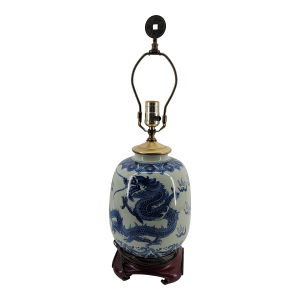 Vintage Chinese Blue and White Dragon Porcelain Ginger Jar Table Lamp | Wood Base | Coin Finial