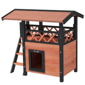 PawHut Cat House Outdoor w/ Balcony Stairs Roof, 77 x 50 x 73 cm, Brown
