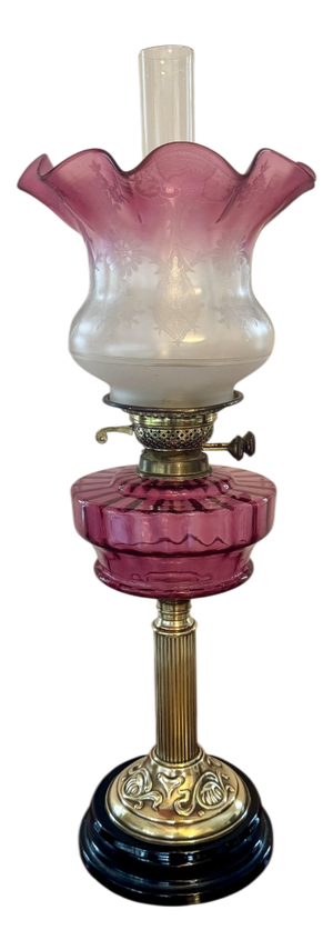 Antique Victorian Cranberry Glass Oil Lamp, 1860