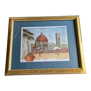 Framed Watercolor of Firenze Il Duomo. By Peolo Bellini 2003 Focused on Cathedral Di Santa Maria Del Fiore