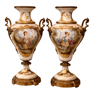 19th Sevres Louis XVI Gilt Porcelain Bronze Vases Pair