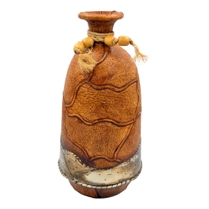Folk-Art Mexican Hand-Tooled Leather and Tin Wrapped Bud Vase Southwestern Decor
