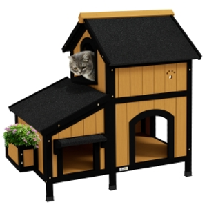 PawHut Wooden Cat House with Flower Pot, Windows, Multiple Entrances, Water-Resistant Roof for Outdoor - Yellow