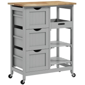 HOMCOM Rolling Kitchen Island Cart, Bar Serving Cart, Compact Trolley on Wheels with Wood Top, Shelves & Drawers, Grey