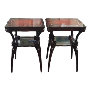 Pair 1940s Red Leather Top Side Table
