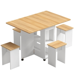 HOMCOM Conjunto Mesa de Comedor Plegable y 4 Taburetes Ocultos 2 Alas Abatibles Ruedas Estantes Roble