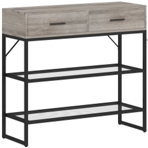HOMCOM Consola de Entrada con 2 Cajones, 2 Estantes y Gancho Lateral, en Madera y Metal, 100x35x92 cm, Negro y Madera