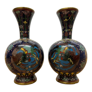 Late 19th Century Antique Miniature Japanese Cloisonne Peacock Form Cloisonné Vases - a Pair