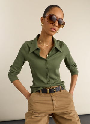 Kelly Ribbed Button-Down Top - UK 10 | EU 36 | US 06 / Light Khaki