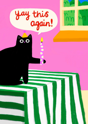 Moonpig Yay This Again Illustrated Black Cat Birthday Card