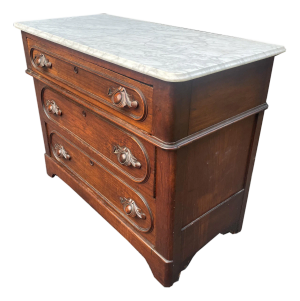 1800s Walnut Marble-Top Dresser With Carved Drawer Pulls