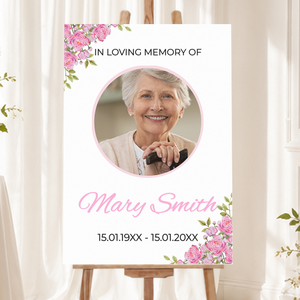 Personalised Funeral Welcome Sign with 1 Photo - Pink Floral Celebration of Life Memorial Board