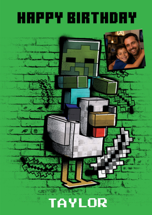 Minecraft Zombie Riding Chicken Photo Upload Birthday Card