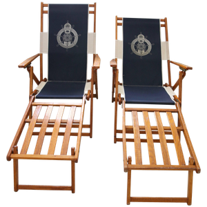 Ralph Lauren Inspired Deck Chairs Oakwood With Navy Blue and White Upholstery - a Pair