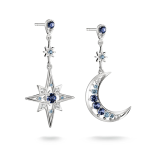 Silver Blue Zirconia Moon and Star Drop Earrings