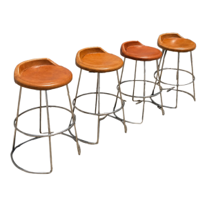 Late 20th Century McGuire Leather and Stainless Steel Swivel Stool, Counter Stool (Set of 4)