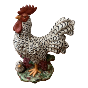 Vintage Authentic Italian Hand-Painted Ceramic Rooster and Tiny Hen Sculpture