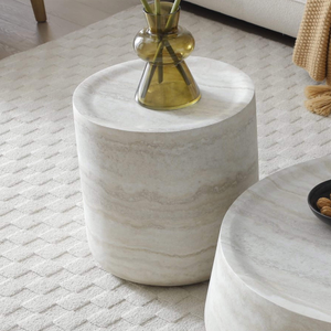 Geo Light Grey Round Travertine-Effect End Table