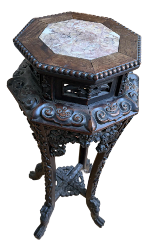 Antique Chinese Carved Hardwood Plant Stand Table With Marble Inset