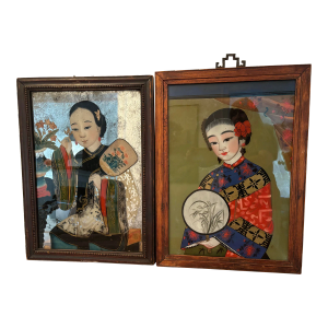 19th Century Reverse Chinese Portrait Paintings. A Pair
