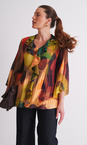 Abstract Print Pleated Georgette Top - Mocha Lime
