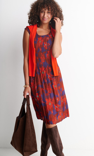 Pleated Floral Print Dress - Orange/Plum
