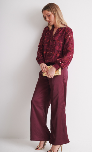 Embellished Floral Jacquard Shirred Hem Blouse - Mulberry