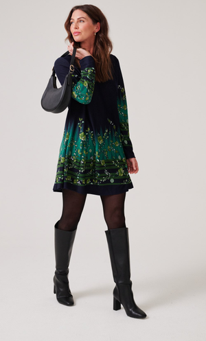 Floral Border Print Tunic Top - Navy/Teal