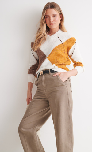 Argyle V Neck Knit Jumper - Ivory/Mustard